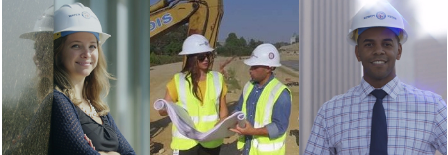 Image of a woman with a hard hat, a man with a hard hat and one man and woman talking to eachother wearing hard hats and holding maps
