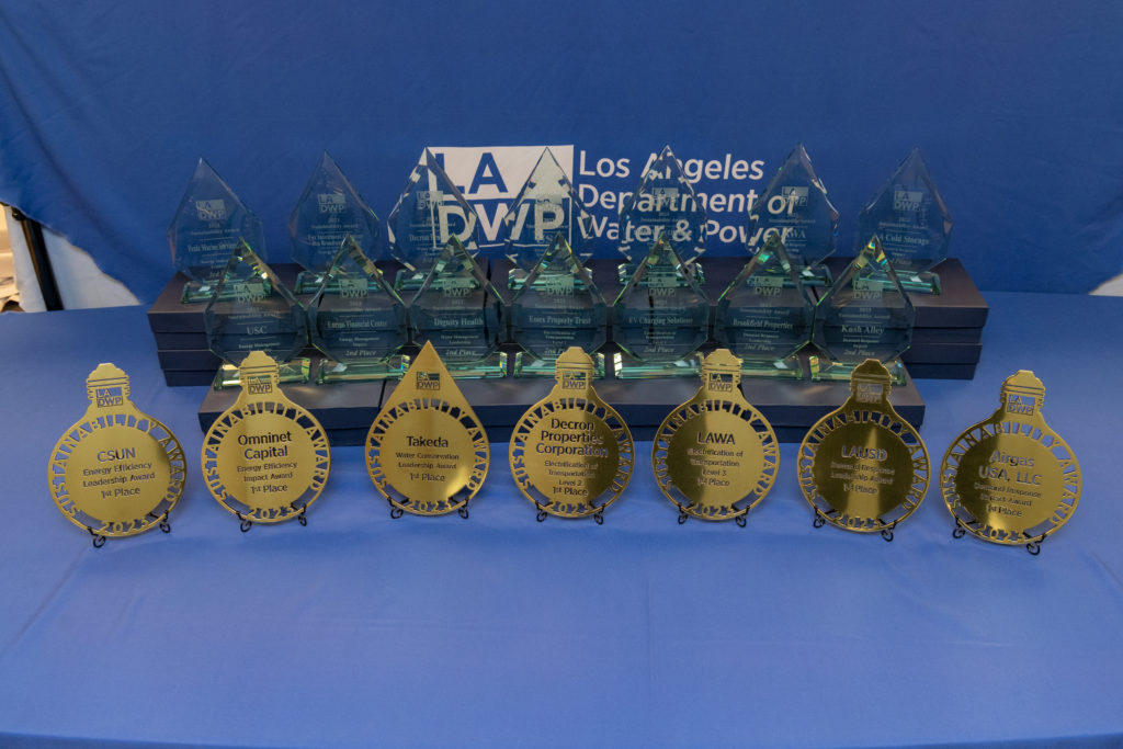 Twenty-one awards from LADWP's Sustainability Awards are displayed on a blue background.