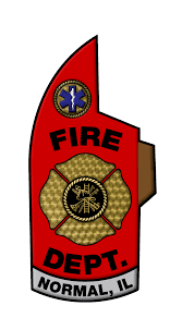 A logo of a traditional Maltese Cross, a universal symbol for firefighters, surrounding a graphic that includes a fire station with three bay doors, a single engine with a ladder, and a red Maltese Cross with a red "N" for Normal inside it, all set against a red background