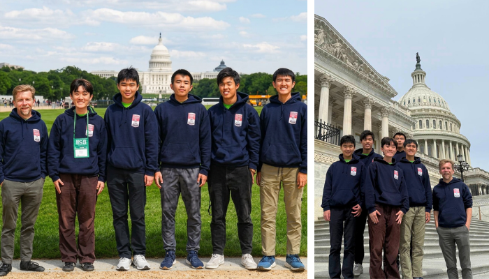 North Hollywood High School Science Bowl team and coach at Washington DC National Mall and standing in front of the Capitol Building