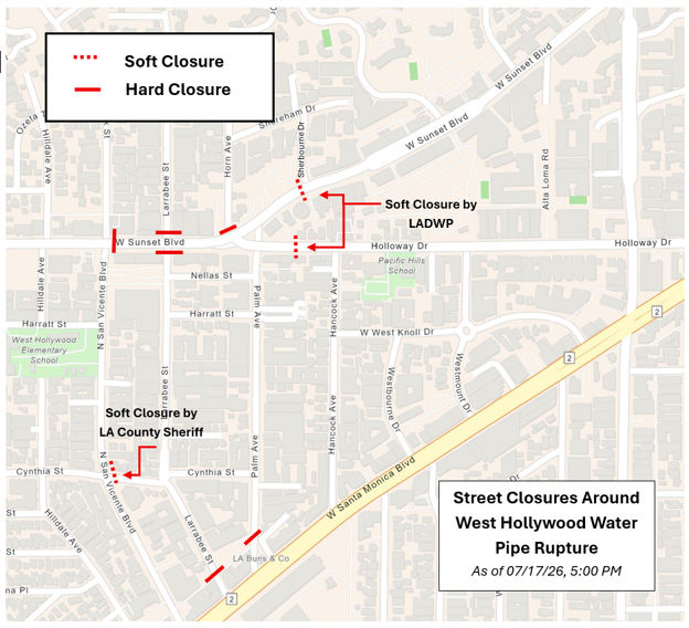 Map of street closures around West Hollywood Water Pipe Rupture