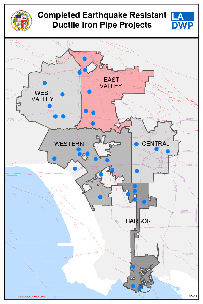 Map of Los Angeles showing LA DWP completed earthquake-resistant ductile iron pipe projects, marked by blue dots across five regions.