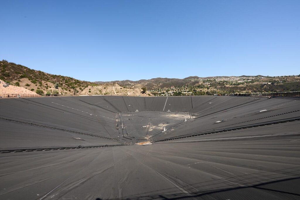 Image of the Santa Ynez Reservoir with a black floating cover on top